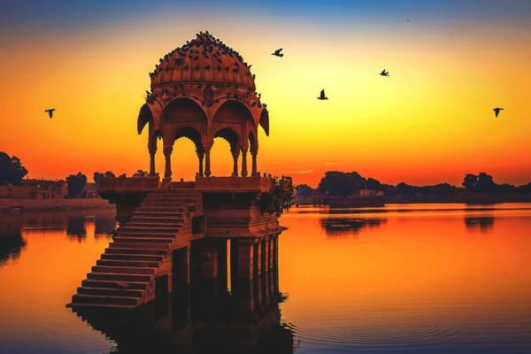 Gadisar Lake with historic chhatri at sunrise